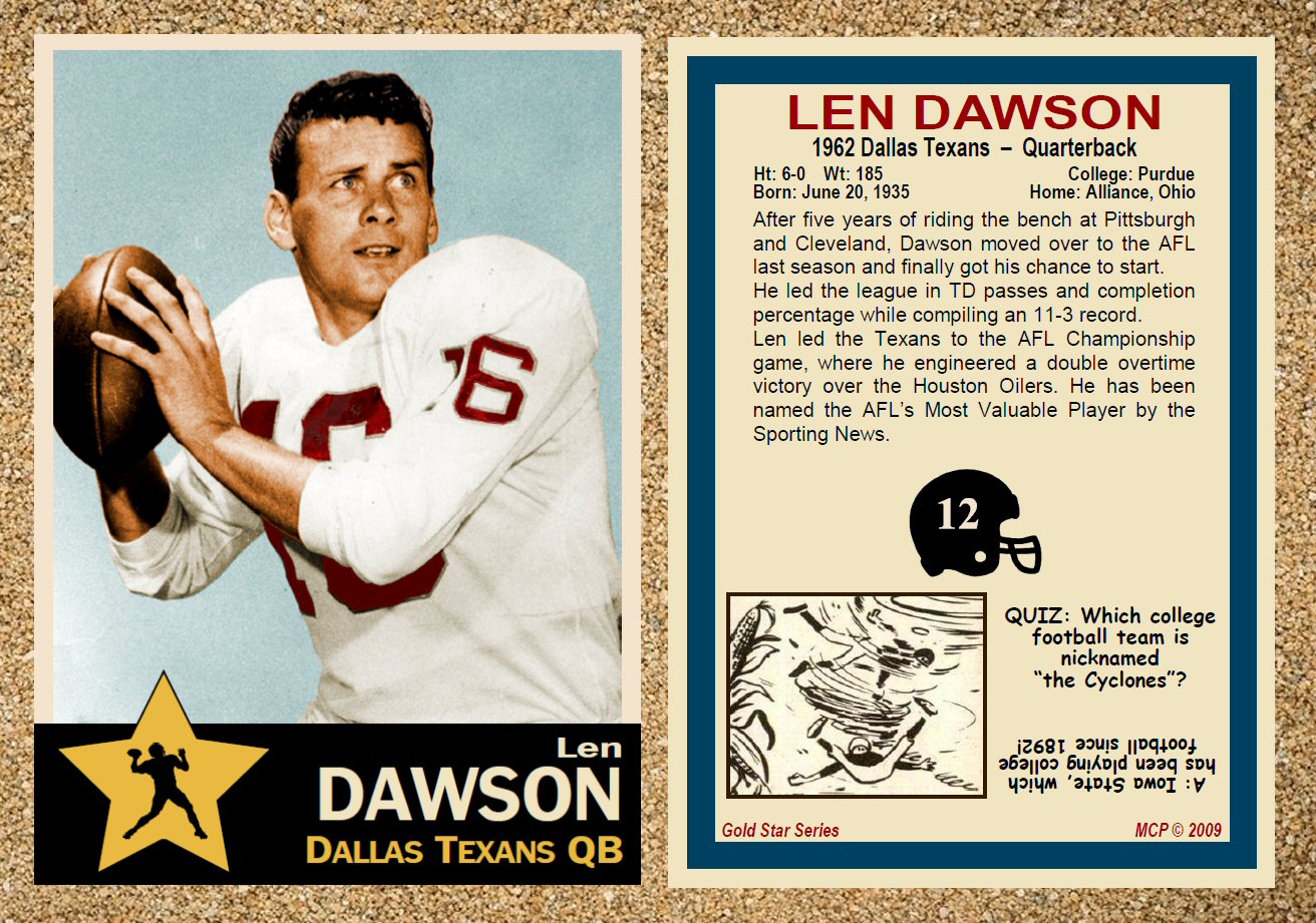 Len Dawson, Dallas Texans AFL 1962 – Gold Star series – Monarch-Corona  Baseball Cards